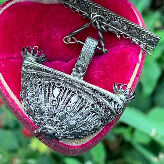 Antique Fine Silver Filigree Basket Pin Brooch Han