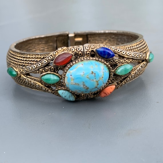 Vintage Watch Gold Tone Jeweled Hinged Wrist Watch Bangle