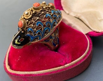 RARE MASSIVE Vintage Chinese Turtle Ring  .  Cocktail Ring . Fine Filigree ,Coral . Gold gilt Silver jewelry . Adjustable Size