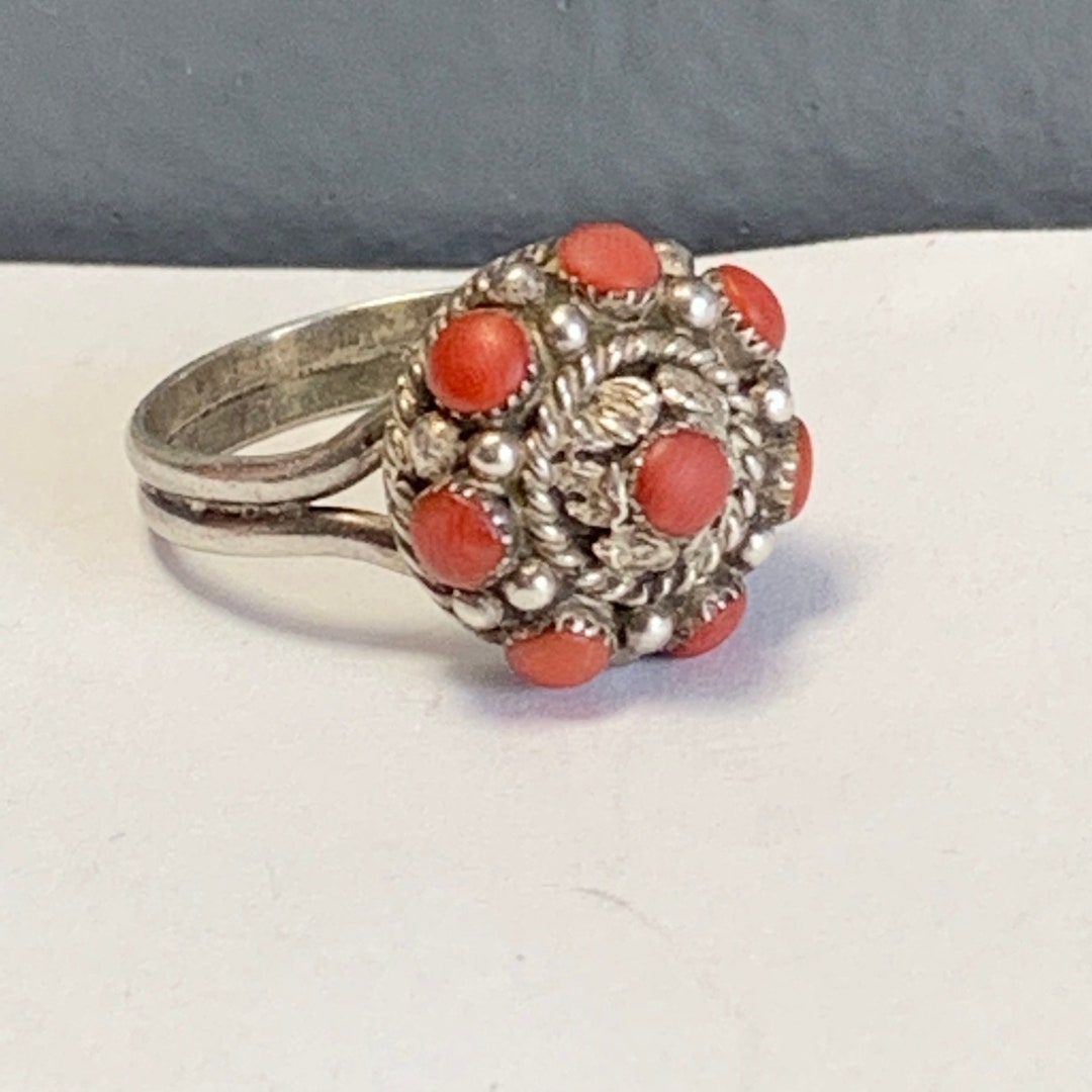 Vintage Sterling Silver Coral Flower Cluster Ring . Handmade - Etsy