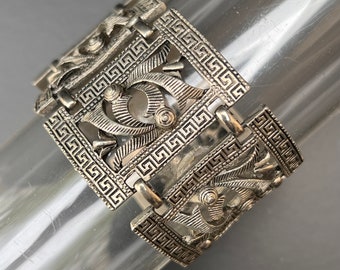 Ornate Mid Century Mod Silver plated Panel Bracelet Bangle Costume Jewelry