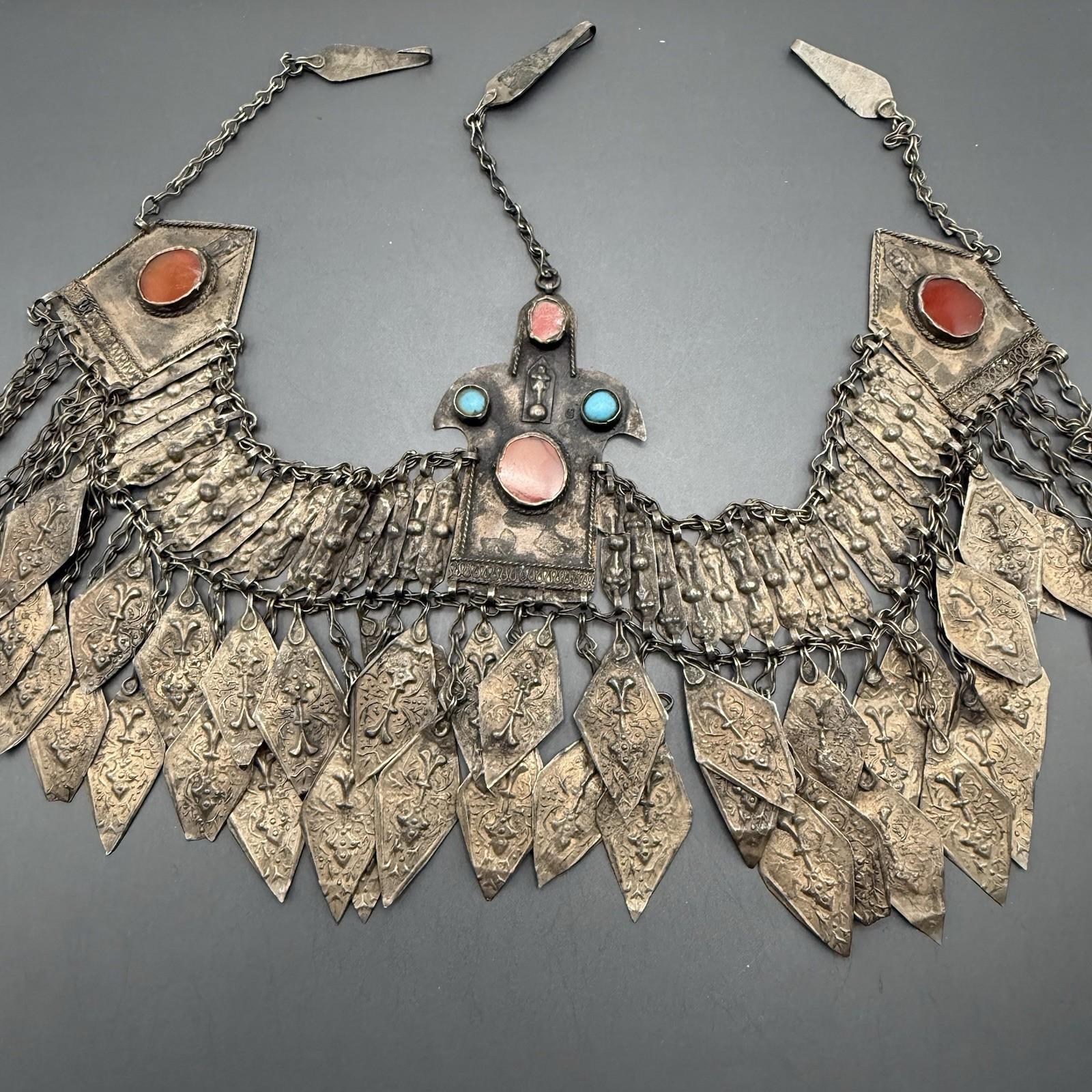 アンティークトルクメン族のシルバーカーネリアンターコイズガラス