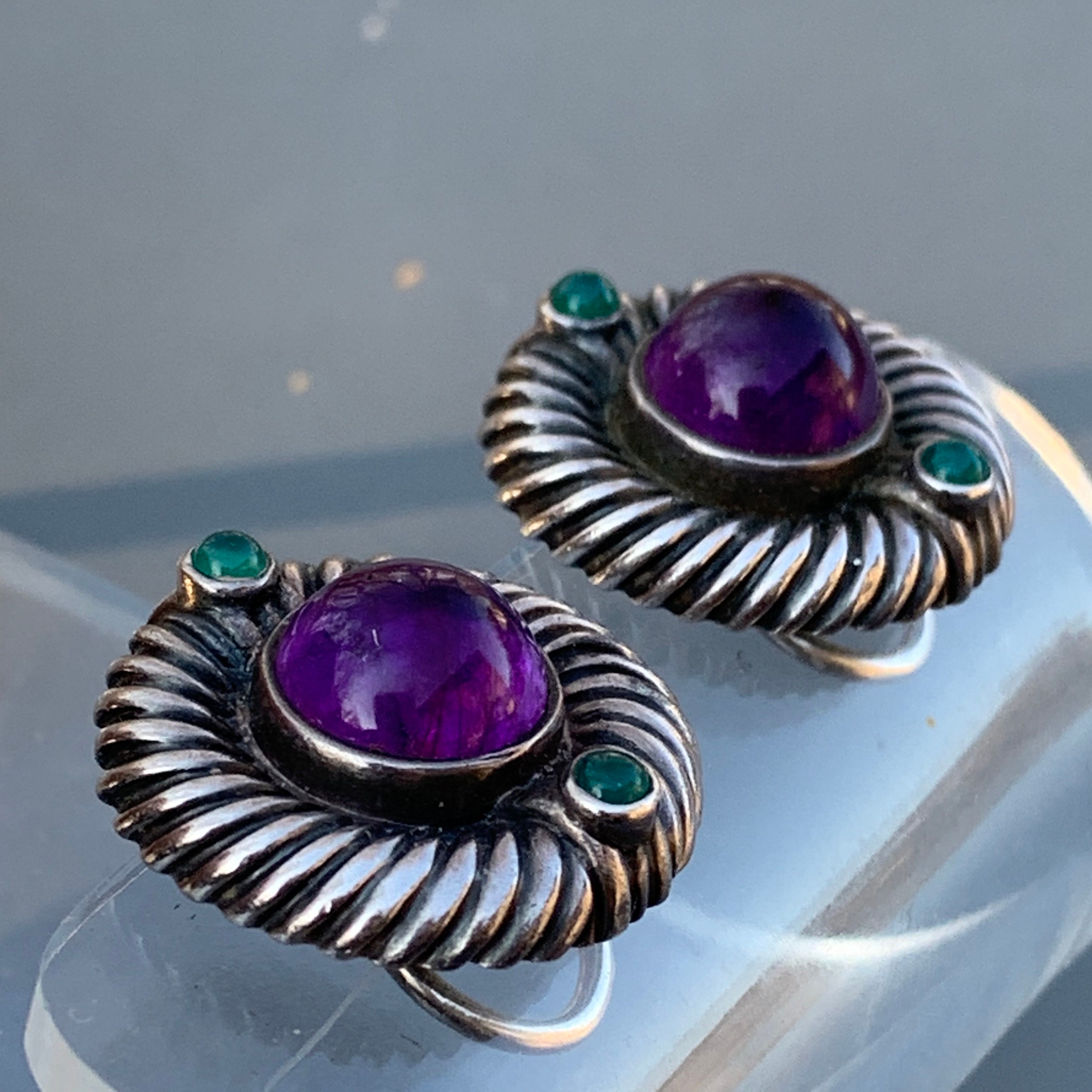 Vintage David Yurman Sterling Silver Amethyst Earrings . Button