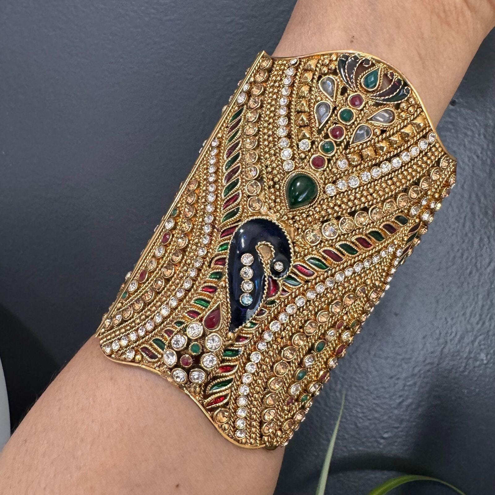 Wide Vintage Hinged 21kt Gold Plated Enamel Bangle Bracelet