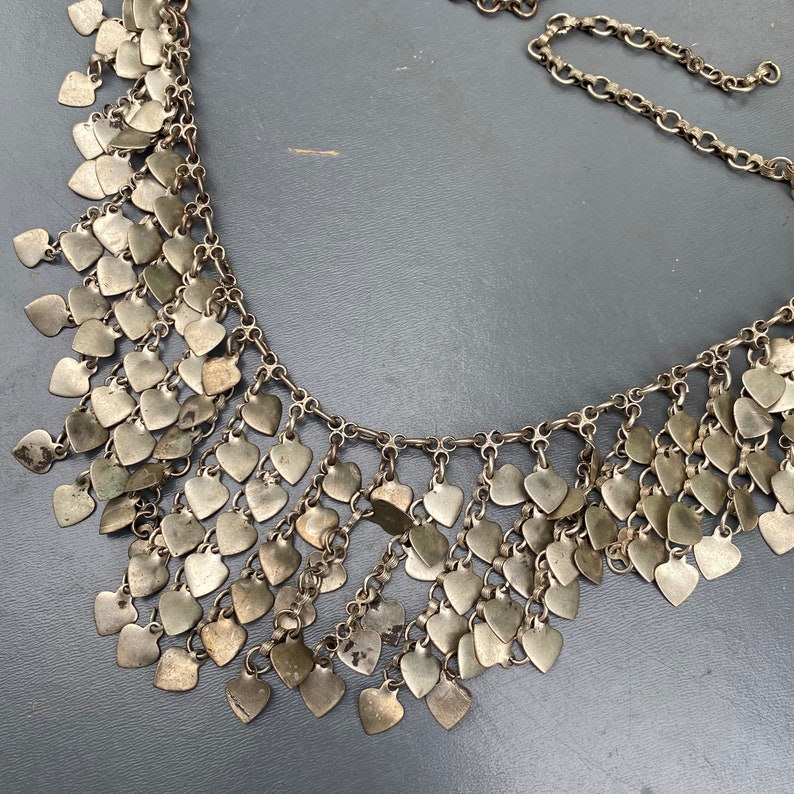 Vintage Egyptian Rev Silver one Heart Charm Bib Necklace . Fringe Bib Necklace image 1