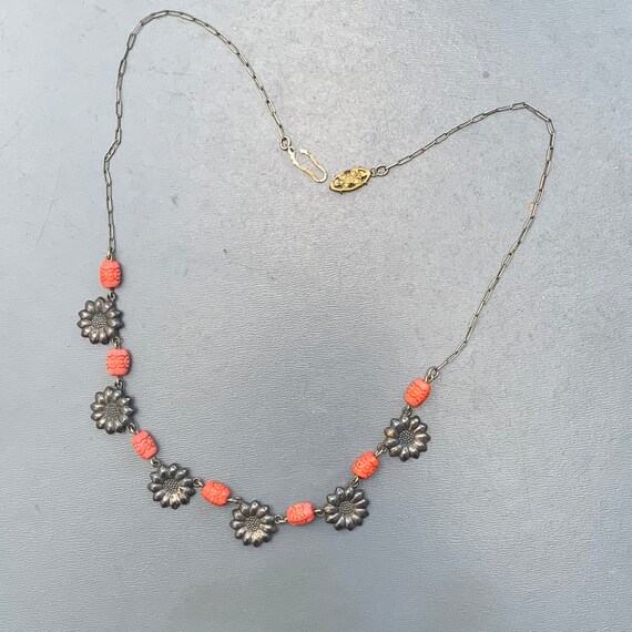 Vintage Art Deco Necklace . Silver tone  Coral gl… - image 2