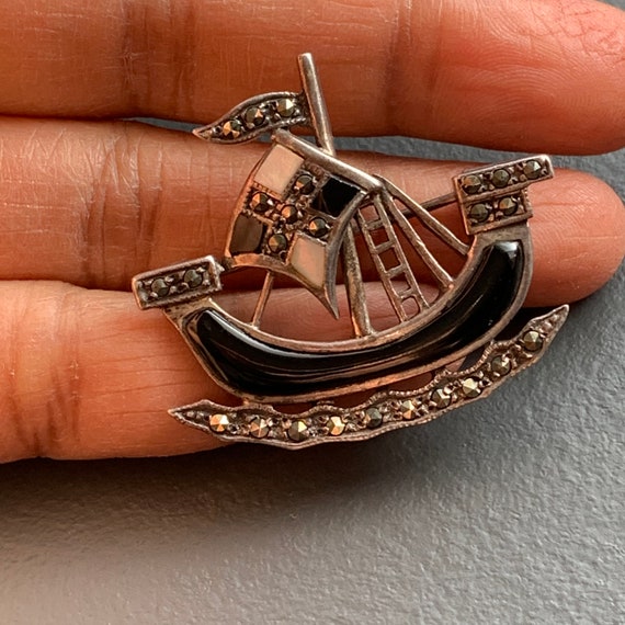 Vintage sterling Silver Boat Ship  marcasite  Pin… - image 6
