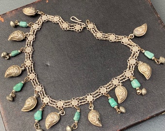 Vintage Chinese Tibetan  Silver Turquoise Mango Paisley Charm  necklace . Silver Jewelry