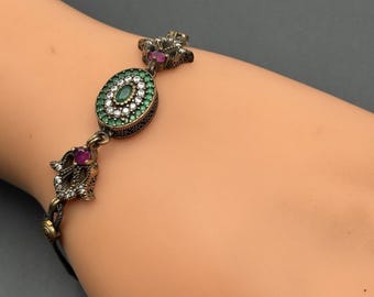 925 Sterling Silver Mix Metal Rhinestones Handmade Bangle bracelet