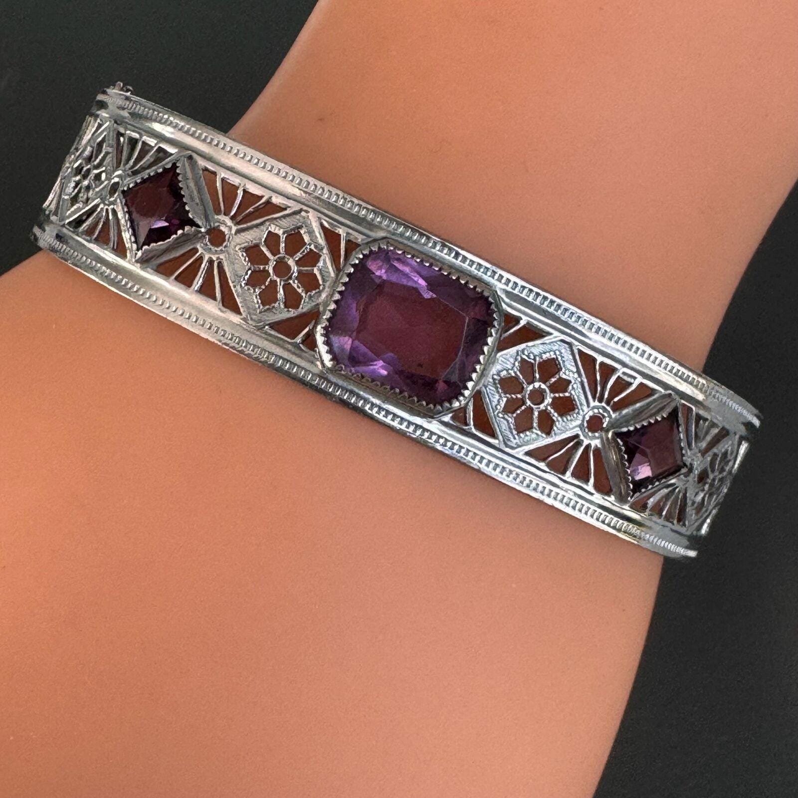Vintage Art Deco Filigree Hinged Bangle Bracelet Amethyst Glass Costume Jewelry