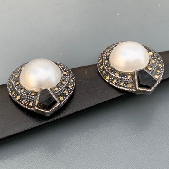 Art Deco Style Clip-on Button Earrings . Sterling… - image 5