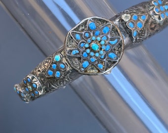 MASSIVE Antique  Ethnic Tribal Silver Turquoise Glass Hinged Bangle Anklet