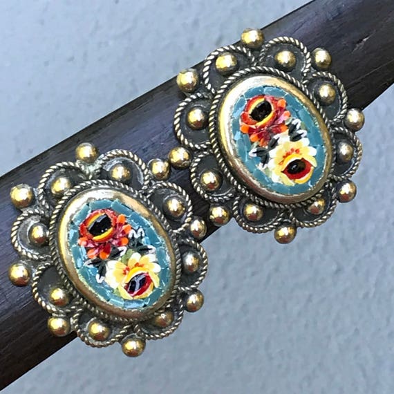 Vintage Micro Mosaic Earrings Victorian revival jewelry Clip on earrings
