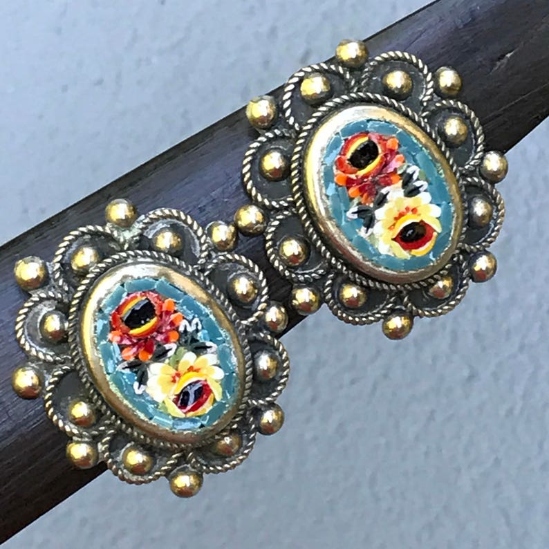 Vintage Micro Mosaic Earrings Victorian revival jewelry Clip on earrings