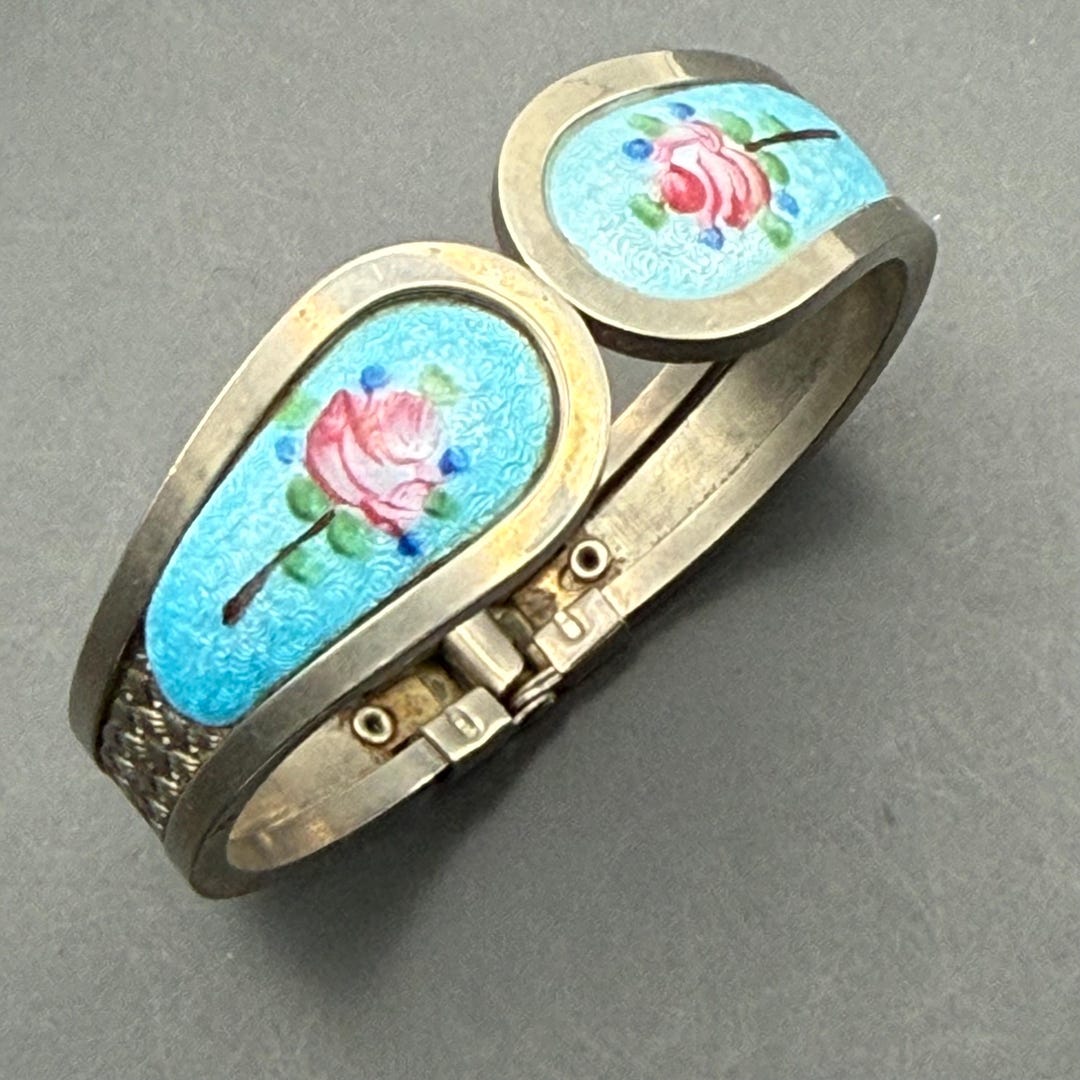Vtg Blue Guilloche Enamel Pink Rose Flower Silver Tone Hinged Bangle ...