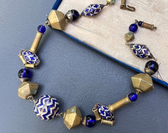 Vintage Hand Enamel Brass Beaded Choker Necklace . Costume Jewelry