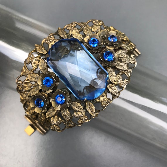 WIDE Art Deco  Bracelet  . Sapphire Glass . Costu… - image 1