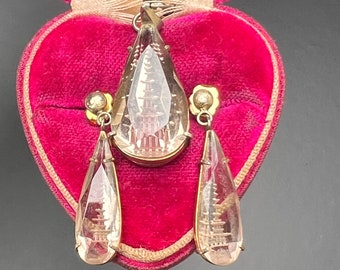 Vintage Reversed carved Gold gilt silver Rock  Crystal  Pendant Earring