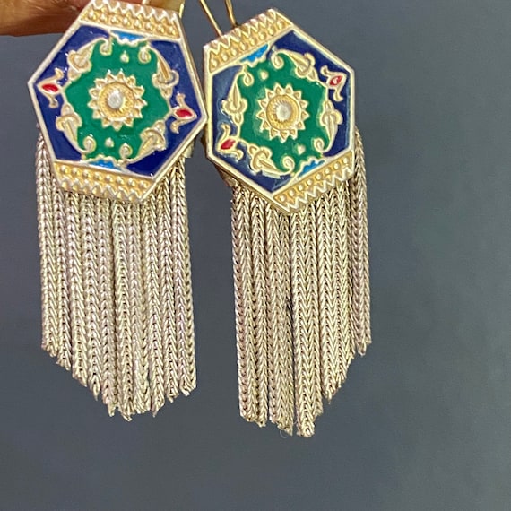 Middle Eastern Tassel Earrings . Sterling Silver . Enamel