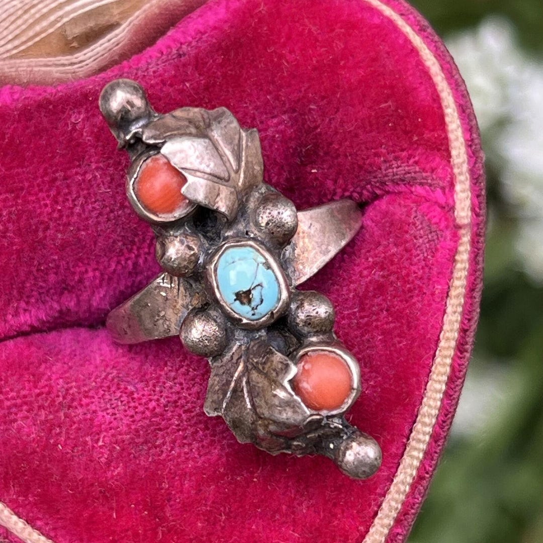Vintage Handcrafted Navajo Sterling Silver Turquoise Coral Ring ...