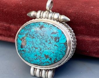 Tibetan Ghau Box Vintage  sterling Silver Amulet Pendant  . Silver Turquoise  . Buddhist Prayer Box . Tibetan Prayer Box . Ethnic Necklace