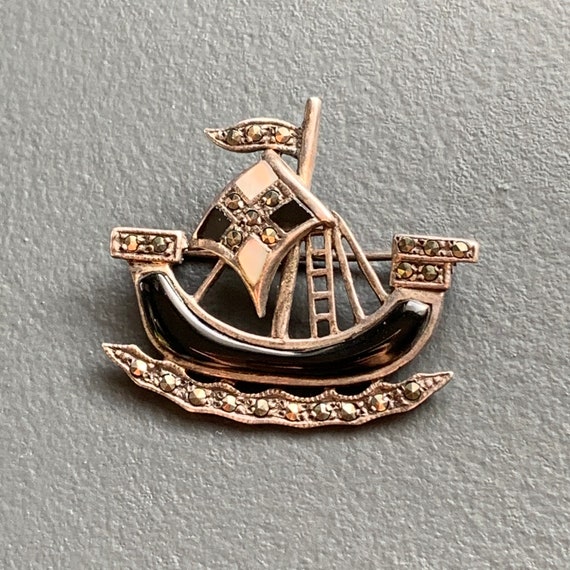 Vintage sterling Silver Boat Ship  marcasite  Pin… - image 3