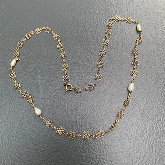 Vintage  Gold Gilt Silver Filigree Pearl Chain ne… - image 2