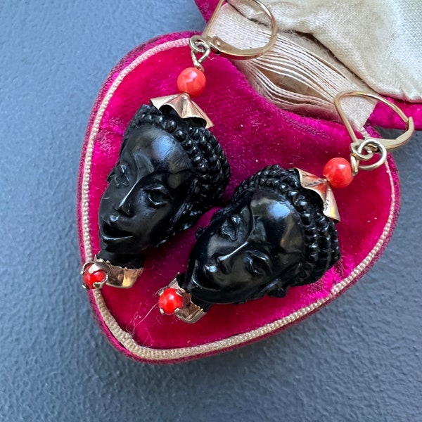 1960s Italian Carved Blackamoor 14kt gold  Dangle Earrings