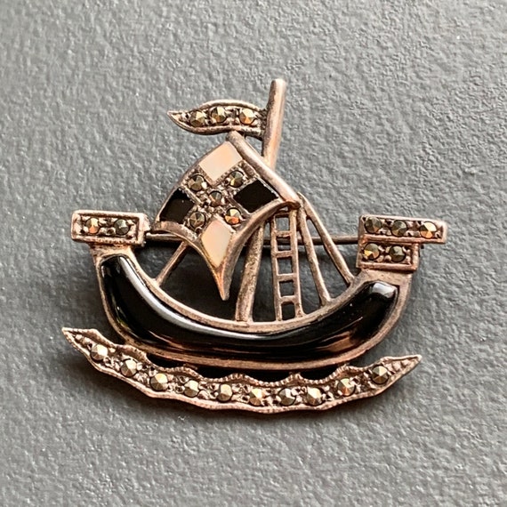 Vintage sterling Silver Boat Ship  marcasite  Pin… - image 4