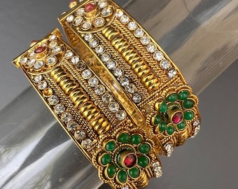 Vintage Mughal India Hinged 21kt Gold Plat Floral bangle Pair Costume  jewelry