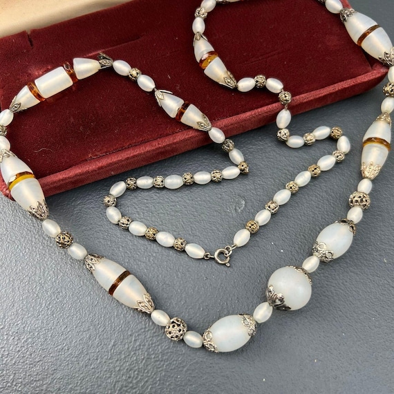 Art Deco Czech frosted Glass Beaded Necklace . Bohemian Czech Jewelry
