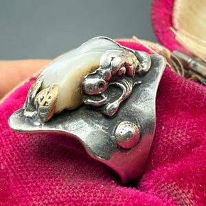 Antique Art Nouveau Sterling Silver Dragon Griffin MOP Ring Sz 4