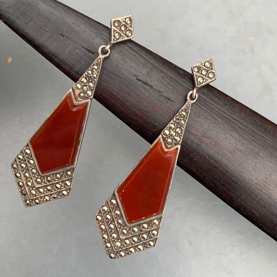 Sterling Silver Dangle Drop Earrings . Art Deco Silver , Carnelian ...