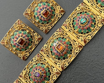 Vintage Chinese  Bracelet . Gold Gilt Silver  Filigree, enamel Earrings .   Chinese Export  Jewelry