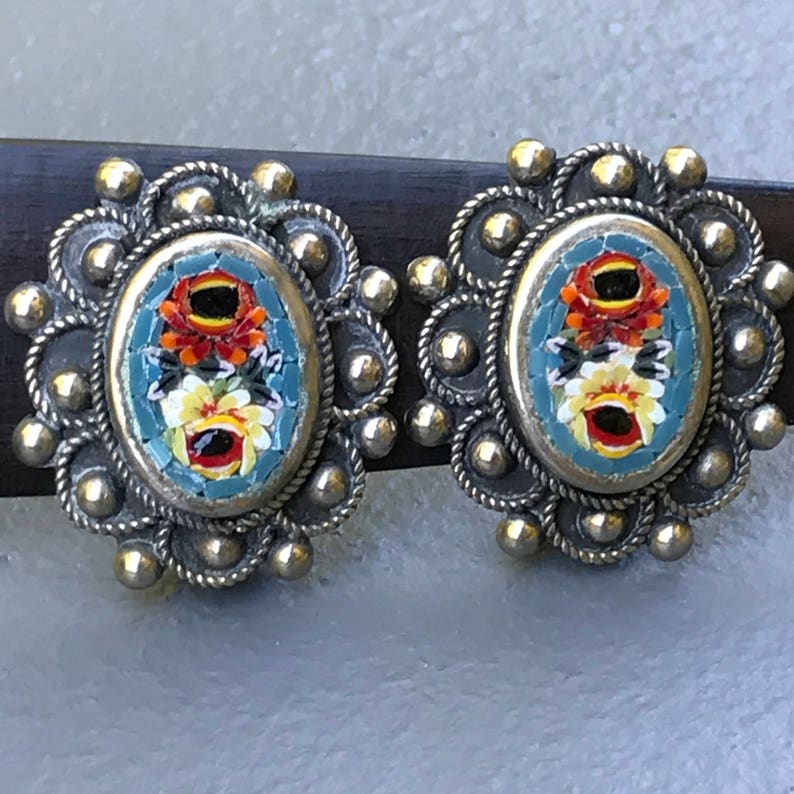 Vintage Micro Mosaic Earrings Victorian revival jewelry Clip on earrings