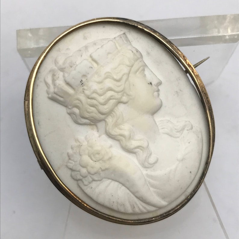 Gold Filled Victorian Jewelry Antique Lava Cameo Pin Brooch