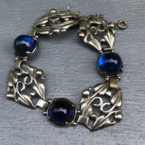 Wide Sterling Silver Bracelet . Sapphire Blue Glass . Art Nouveau Jewelry