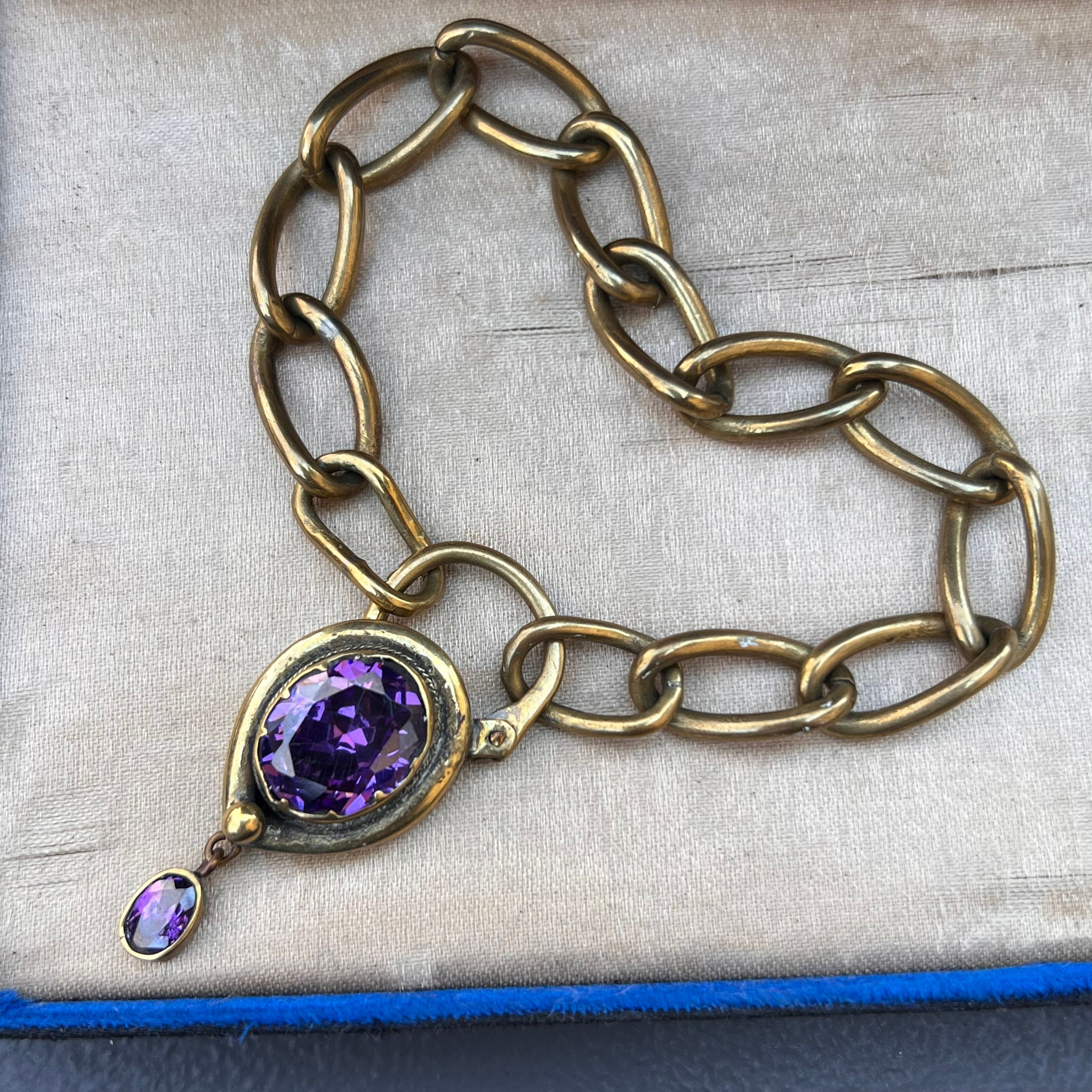Antique Gold Bracelet with Locket Back Heart Pendant with Diamond Set Flower