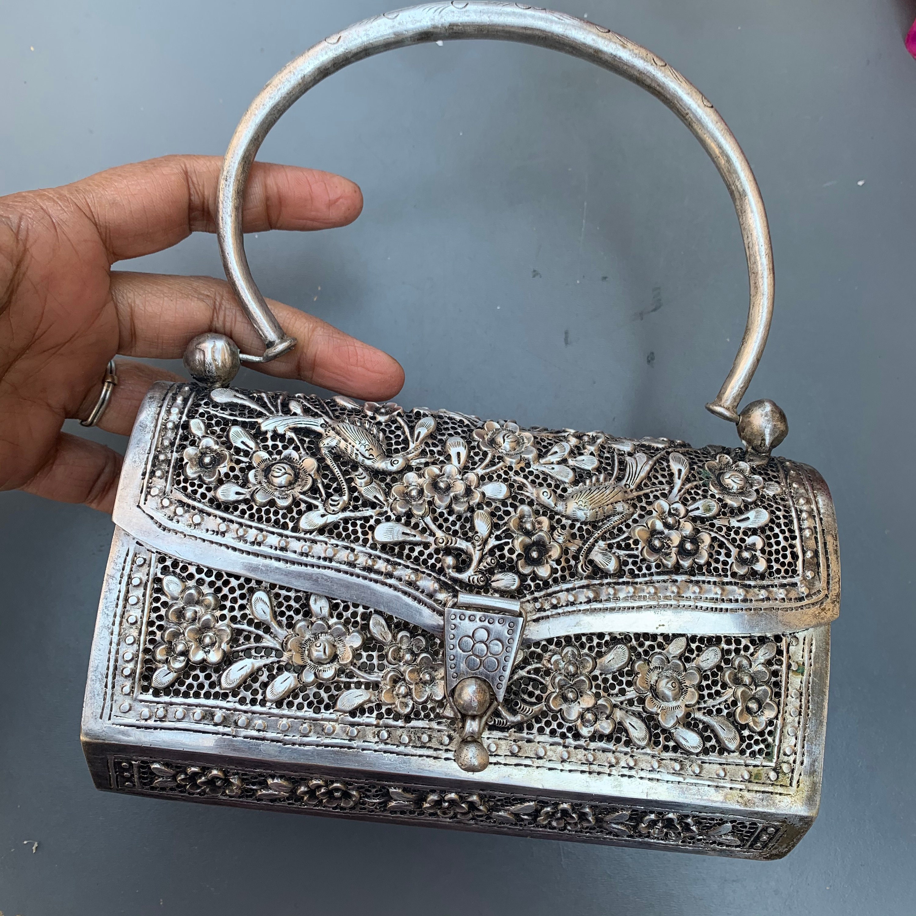 Vintage Hand Chased Oriental Hard Case Silver plated Box Purse Silver Handbag Tribal Silver Jewelry