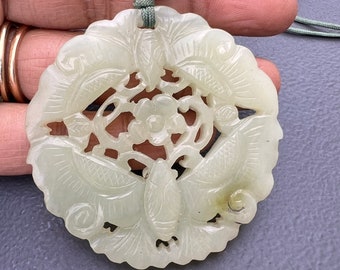 Vintage Chinese Carved  Moth Flower  Pendant  Necklace  . Chinese Export  Jewelry