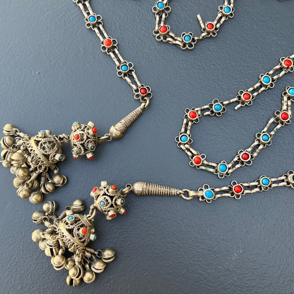 Vintage  Tassel Lariat necklace belt . Middle eastern Silver tone Turquoise coral Glass Chain Necklace . Costume Jewelry