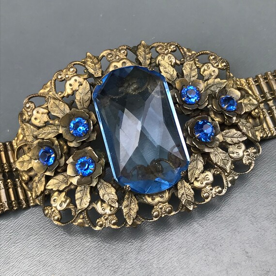 WIDE Art Deco  Bracelet  . Sapphire Glass . Costu… - image 6