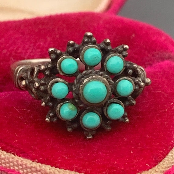 Antique Gold Gilt Silver Turquoise glass flower R… - image 1