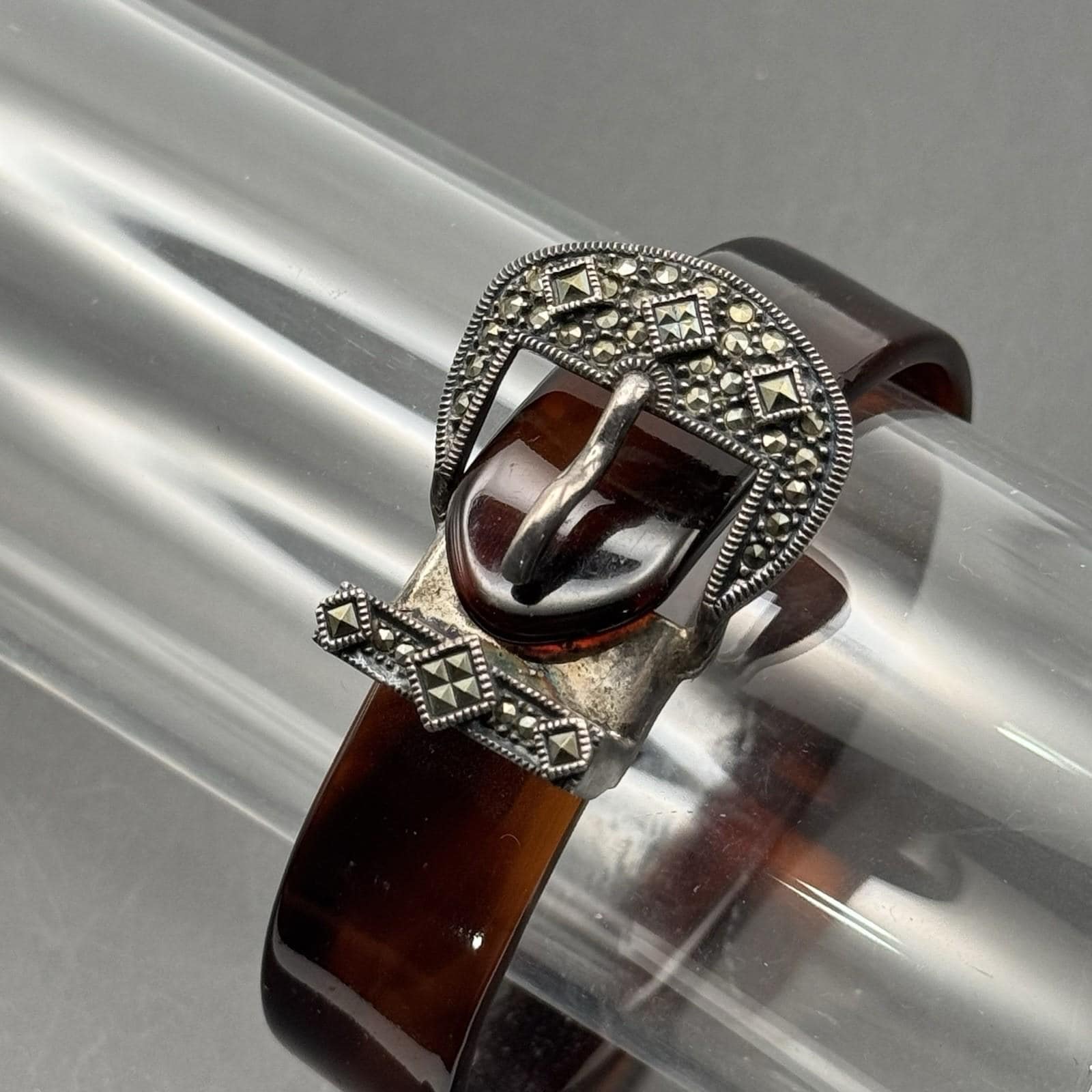 925 Sterling Silver Art Deco Style Lucite Belt Buckle Bangle