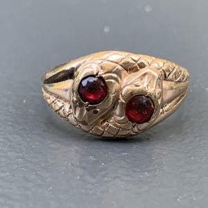 Könnte beinhalten: Ein goldener Ring mit zwei roten Edelsteinen, die in Form von zwei verschlungenen Schlangen gefasst sind.