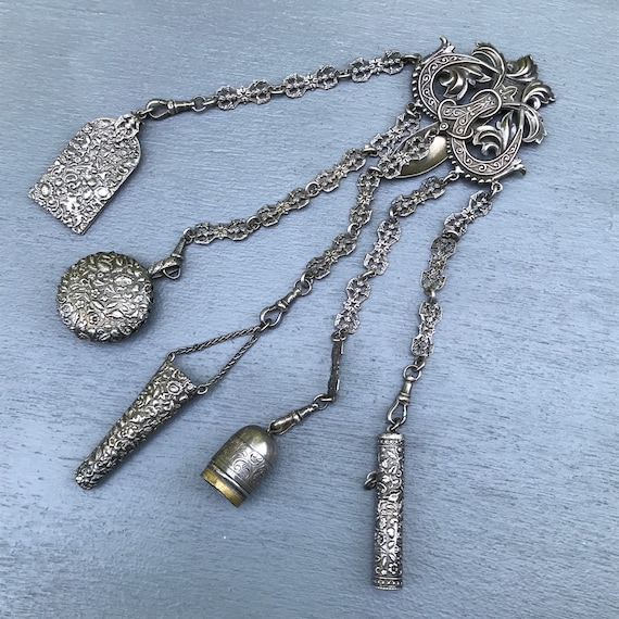 Antique Victorian Chatelaine Pin . Costume Jewelr