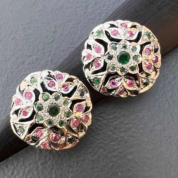 Vintage silver Chrysoprase Pink Sapphire  Clip-on… - image 2