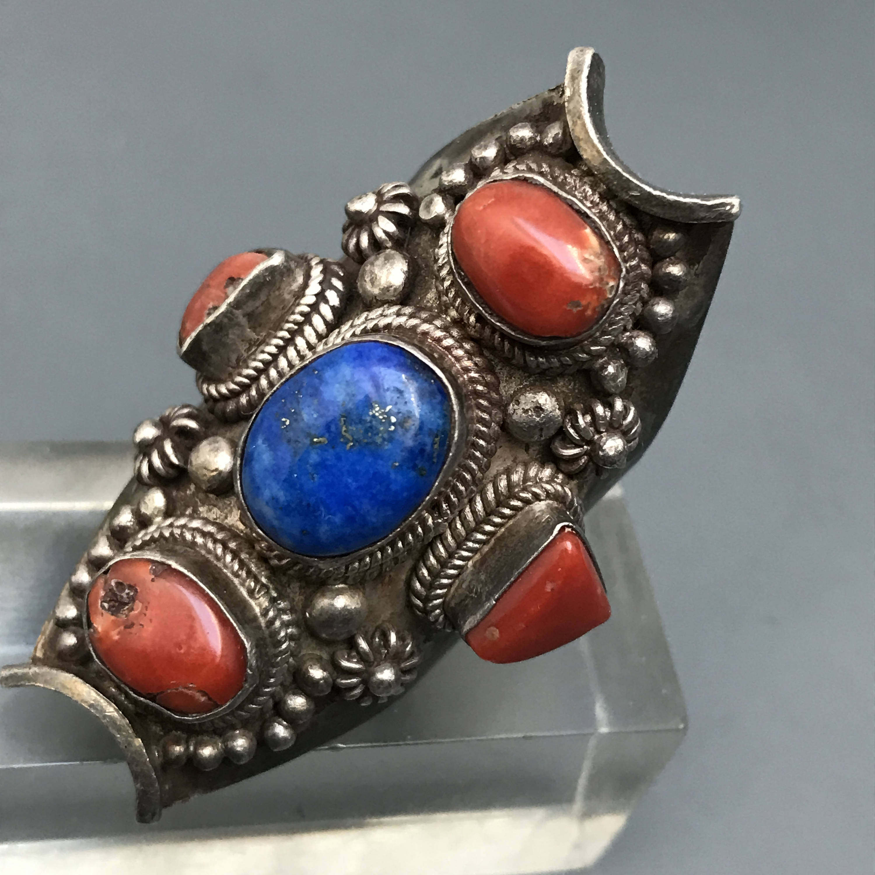 MASSIVE Vintage Tibetan Saddle Ring . Silver . Coral . Ethnic