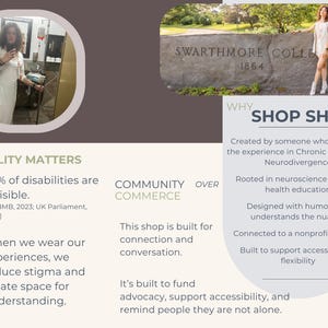 May include: Image with text: "SWARTHMORE COLLEGE 1864" and "SHOP SHL". The image also includes text about visibility and community. Two people are shown in the image, one in a white dress and one in a white outfit.
