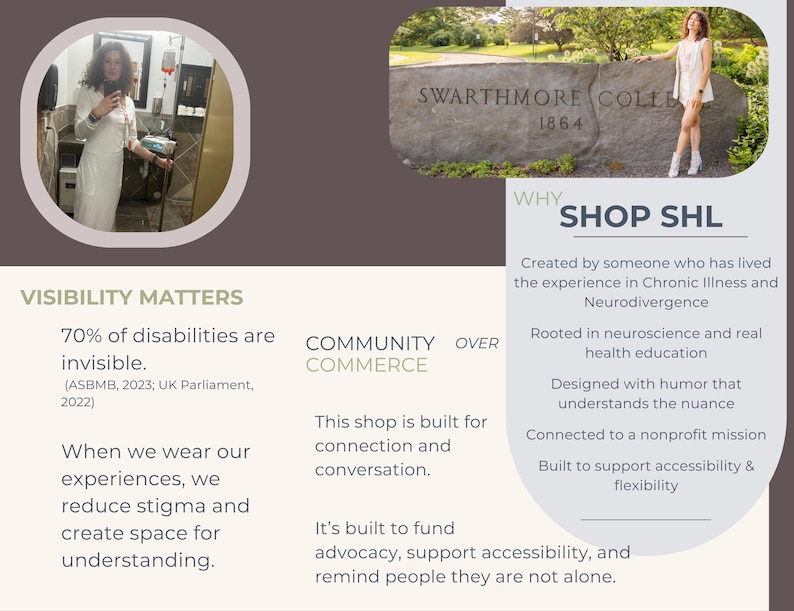 May include: Image with text: "SWARTHMORE COLLEGE 1864" and "SHOP SHL". The image also includes text about visibility and community. Two people are shown in the image, one in a white dress and one in a white outfit.